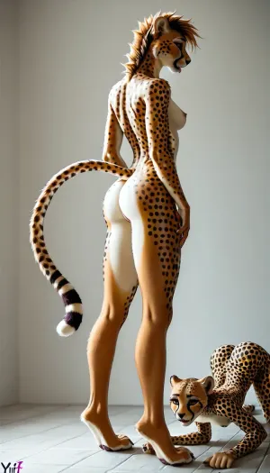 (yiff anthro furry cheetah:2), (anthro cheetah girls:1), sexy thin body, tall, (1 older and 1 younger:2.1), (long legs:1.4), built for speed, marathon runner build, side view, full body shot, (cat paws), on her toes, thick toned thighs, (huge bubble butt:1), (big soft boobs), (very wide hips:1.3), (tiny waist, tiny torso), nude anthro cheetah body, (2 lesbian cheetah girls), (extremely horny girls), licking her pussy, (standing cunnilingus)