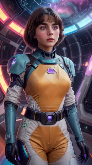 (AlSe:.8), Alice Seleznyova, young brunette, bob cut, full length view, stands in front of a massive retro-futuristic spaceship with rounded shapes, glossy metallic panels, and vibrant neon control interfaces, (inspired by 70s-80s Soviet space utopia aesthetics), . Her jumpsuit features geometric patterns, chest-mounted light indicators, and a utility belt with gadgets. She holds a holographic device projecting a glowing blue spiral of mysterious symbols, (a mix of Cyrillic letters and alien hieroglyphs), into the air. Behind her, a window reveals distant stars and a purple nebula. The hologram emits dynamic light effects, as if reacting to her touch. Style, Highly detailed, warm color palette, (ochre, teal, violet tones), subtle "vintage" texture reminiscent of Soviet scientific posters. Alice’s expression is determined and curious, her gaze focused on the hologram, as if she’s just made a groundbreaking discovery, maximum details, <lora:AlSeReal:.5>