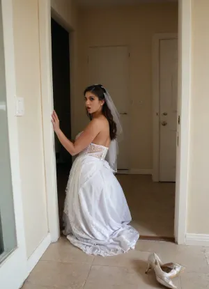 POV of someone secretly watching an Iranianslut super busty bimbo bride through a half-open door. The camera angle is slightly hidden, as if the viewer is peeking from the hallway. The bride is completely unaware, facing away or in profile, in the middle of an intense phone call with the groom. Her expression is upset—angry, emotional, and raw. One hand is holding the phone, and the other is gesturing with frustration. She is dressed in a traditional Persian white wedding dress with delicate embroidery. One bridal shoe is on, the other still on the floor. Soft natural light enters from a side window, casting gentle shadows and creating a moody, cinematic atmosphere. The edge of the door or wall partially frames the image, enhancing the feeling of secrecy and voyeurism. The mood is tense, private, and emotionally charged—like a stolen moment before a wedding confrontation., <lora:Realistic_People_V1:.8>, sokate, <lora:sokate:.8>, <lora:dAIversityUnderstandingXLRealistic:.8>