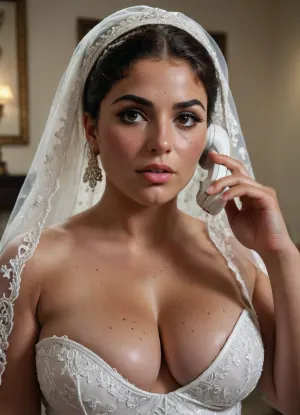 POV of giant black muscular man with super giant black dick, exclusive thick and very large black dick, An Iranian bride talking on her phone with an intense expression. She's wearing a sexy slutty cutout sheer white wedding dress with Persian embroidery. heavy arabic style mackeup, She is mid-conversation, emotional or slightly angry, unaware of the camera. Natural lighting, subtle background, full focus on her body language and facial expression., detailed, eyes, perfect, freckles, skin, texture, photorealistic, plump, skindentation, chubby, bbw, venus, body, big, breasts, ass, <lora:Super_Eye_Detailer_By_Stable_Yogi_SDPD0:.8>, <lora:HandFineTuning_XL:.8>, <lora:Chubby BBW - XL:.6>