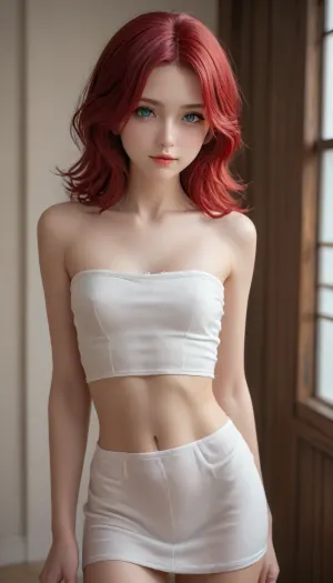 A beautiful young woman with fair, smooth skin and vibrant, shoulder-length red hair, styled straight with soft tips framing her face. She has large, blue-grey eyes with a soft shimmer, long lashes, and subtly arched eyebrows, makeup, with a slight smile and a calm, confident gaze.

She wears a delicate olive-green strap with thin lines, slightly clinging to her figure, hinting at her curves. A white strap from an tanga looks out.

The background is a softly lit, blurred bathroom interior with light pastel tones, a towel draped on a wooden door, and a simple white stool with purple dots.
flat, chested, <lora:flat_chested_v3.5:.8>, reverse, cowgirl, white, cock, black, closeup, <lora:reverse-cowgirl-xl-2.0:.8>