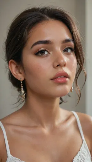 ziprealism, zip2d, (score_9, score_8_up, score_7_up), masterpiece, (sharp focus, three-quarters view, intimate face portrait, focus on eyes:1.3), (high saturation, high contrast), (Latina, Mexican, rich brown skin tone, gorgeous face:1.2), (subtle freckles:.4), (jaw length hair, dark hair with warm highlights, stylish hair cut, voluminous hair, swept back hairstyle), (full lips, lip gloss, long eyelashes, perfect eyes, mischievous eyes), igbaddie, <lora:igbaddie-XL:.8>