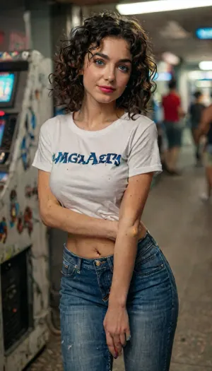 UHD 8K, masterpiece, best quality, maximum details, extreme realism, cinematic still, (beautiful and sweet 20-year-old woman), (bustling video arcade), (long black curly hair in a loose half-up style), (pert nose), (luminous blue eyes), (shy smile), (very full moist lips), (light makeup), (earrings), (large perky breasts), (erect nipples), (firm ass), (wearing a loose thin white full-length tee shirt), (jeans), sweating, (view from thighs up:1.5), puffy, nipples, dark, ghost, wide, <lora:Nipples XL:.2>, <lora:style_lora_realis:.8>