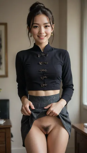 (20years old, sexy superb, asian face, (brown eyes wide open)), dark red puffy lips, pale skin, extremely skinny body, gaunt, (the girl is Beautiful 20 years old Chinese woman, The Chinese girl has a single Bun hairstyle of Top knot), the woman is natural small breast, Asian face, black hair, brown eyes, small breasts, waist thin, slim hips, long thin legs, smooth knees, perfect teeth, slender figure. happy expression

score_9, score_8_up, score_7_up, 1girl, hetero, 1boy, she is smiling and happy and flirtatious and sexually aroused, eyes open, (she is standing wearing a business suit with a skirt), . she is facing forward. she is in her boss’s office ., She has perfect teeth, slender figure. happy expression. Her hairy vagina is the center of the image, and she is facing forward . A tall man is behind the girl, standing very close., (((He is lifting her skirt and looking at her hairy vagina.))), She has a slim build., (The man’s expression is sexually aroused and happy), . His face is visible and he is kissing her ear. best quality He has short hair, <lora:skirtlift_xl:.6>, <lora:EnvyZoomSliderXL01:-1>, perfect eyes