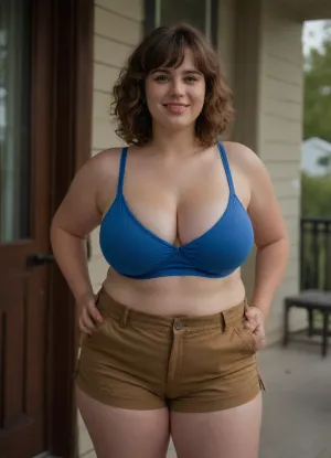 Fat, obese pear shaped 20 year old woman, ((wearing brown cargo shorts and a blue sports bra)), (nerd), fat belly and thighs, very overweight, (((UHD 8K, masterpiece, best quality, maximum details, natural lighting, extreme realism))), (((view from behind looking over her shoulder))), (((wide hips))), (huge butt), short, pale skin, fair skin, (((fat face))), (smiling), (brown hair), (short curly hair), ((front bangs)), (brown eyes), (huge saggy breasts), (cleavage), big jugs, ((standing outside on the front porch))