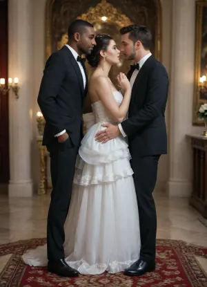 interracial, A dramatic wedding scene, a stunning persian slutwife bride in a flowing white wedding gown with intricate lace details, standing confidently with a wicked smile, a dominant black skin brute in a dark suit with a commanding aura sitting on a throne-like chair, the groom in a tuxedo kneeling submissively and kissing the man’s polished black shoe, the groom’s face showing shame and humiliation, vibrant colors with a mix of soft pinks and dark shadows, luxurious wedding decor with floral accents in the background, highly detailed, anime-style shading, cinematic lighting, emotional and provocative atmosphere, Pony Diffusion aesthetic