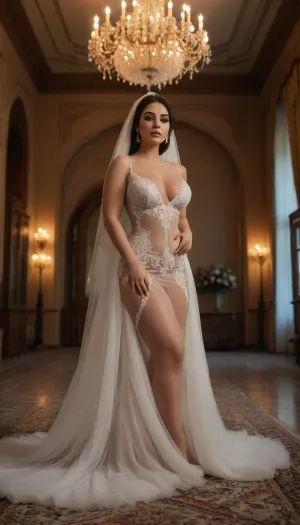 iranian super Busty Bride, curvy body, A highly realistic and seductive bridal gown, inspired by lingerie design. The dress features a bold underbust cutout, partially covered with sheer nude mesh for a sensual look, revealing the lower curve of the breasts without full nudity. The hips and sides are made from transparent lace panels. The skirt is floor-length, made of flowing white tulle with a slight train. The bride is curvy and full-bodied, with the dress tightly hugging her figure. She wears a long, delicate bridal veil. The scene is inside a luxurious Iranian wedding hall, decorated with golden chandeliers and flowers. Photorealistic, soft lighting, fashion photography style.