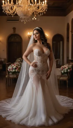 side view, pose like Pro pornstars, iranian super Busty Bride, curvy body, A highly realistic and seductive bridal gown, inspired by lingerie design. The dress features a bold underbust cutout, partially covered with sheer nude mesh for a sensual look, revealing the lower curve of the breasts without full nudity. The hips and sides are made from transparent lace panels. The skirt is floor-length, made of flowing white tulle with a slight train. The bride is curvy and full-bodied, with the dress tightly hugging her figure. She wears a long, delicate bridal veil. The scene is inside a luxurious Iranian wedding hall, decorated with golden chandeliers and flowers. Photorealistic, soft lighting, fashion photography style., underb00bhalter, bikini, swimsuit, underboob, <lora:triangle-bikini-XL-000006:.8>, <lora:Sideboob_XL:1.2>