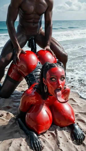 1 woman gigantic alien, skinny, (red gigantic woman:1.3), (1 man mini:1.3), (red full body latex suit:1.5), metallic surface, (latex is iridescent:1.5), (Breasts covered in latex except nipples:1.5), (Black latex stockings:1.5), (black latex corset:1.5), very slutty face, very surprised, beach, (face down elevated in the air:1.5), close-up, ultrarealism, masterpiece, alien tongue, vaginal sex, ((massive breasts:1.4)), (horns, long tongue, red eyes), (alien woman:1.3), makeup, narrow waist, glowing eyes, look at viewer, earrings, (huge puffy lips), excited look, (glossy red lipstick:1.2), Current transparent saliva, high detailed face, thin, big breasts, wide hips, red glowing, blood, man lying, tentacles sucked on man, rear view, rear focus, focus rear, Cinematic light, best quality, mega detailed, mega quality, high detailed