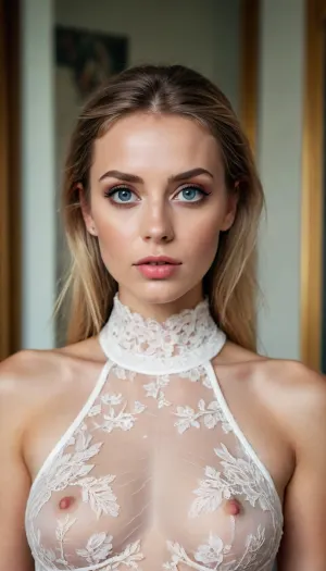 Super high fashion photography of a swedish supermodel with beauty make up, gorgeous big eyes, halter neck bodycon silk lace top, high collar, shot with a 35mm wide angle lens, hipster mood using Kodak gold film for color prints, traditional fashion photography, physical world, hyperrealistic, ultrarealistic, ambient occlusion, fashion concept photography