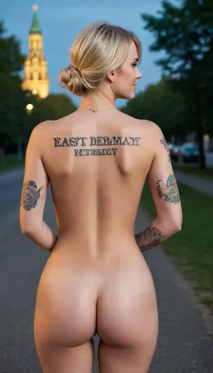 1women, pretty, adult, salutes, (russia_tattoo on back), (east_germany_tattoo on back), (Text on back "EAST GERMANY"), blonde hair, blue sky, smile, formal, no pants, outdoors, realistic, suit, east_germany at background, detailed photo, photorealistic photo, night vision, soft focus, (view from back), #©KITTYART






























#©KITTYART
