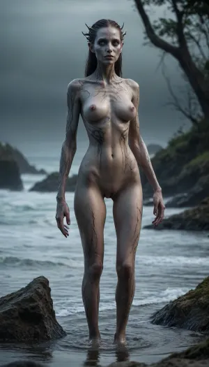 The scene is made on the ocean shore with vegetation in the style of dark fantasy-a dystopia with a very detailed and atmospheric environment. The world in the water is magically infected with glowing anomalies, perverted nature, and the remnants of vanished civilizations. The light is unnatural, casting eerie shadows . Creature sexy girl and characters \ \ mystical, hybrid, animal-like anthropomorphic creatures with dangerous or wild traits. The art style combines elements of medieval fantasy., fingering, schlick, masturbation, <lora:masturbation_female:.8>