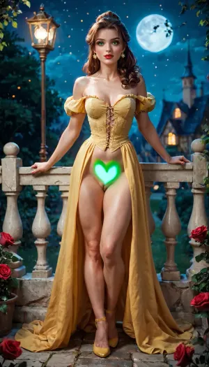 score_9, score_8_up, score_7_up, score_6_up, (beautiful 18 years young Belle from Beauty and the Beast), Disney, Beauty and the Beast, 18yo, (green eyes), (night:1.5), brown hair, (exposed pussy:1.5), (no panties), (front view), strong, fit, red lips, yellow dress, red rose, full body view
