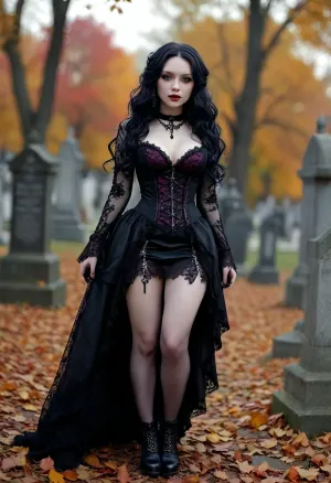 Beshine, albino skin, extremely pale skin, veins showing through skin, outside, cemetery park, black roses all around, sunset, autumn leaves, realistic lighting, regal Black hunting dress with purple lace trim and silver adornment, mischievous smile at camera, long black wavy hair, dark makeup, extreme cleavage, hanging viewer a small black vial, Gothic style, art, fantasy, drawing in the style of realistic anime, dark, Gothic, high, heels, sexy, heel, 15, cm, boots, <lora:398313_training_data:.8>, <lora:MJ52:1.5>