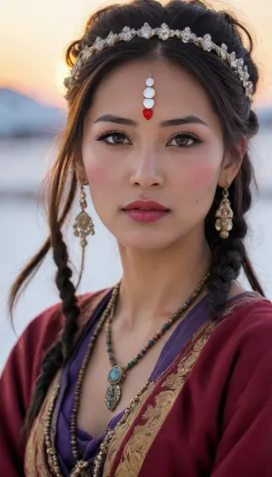 A beautiful slender adult Bhutanese woman in traditional clothing, jewelry and war paint across a snow-covered pasture plateau, yak, holding, She has a pretty coquettish faded face, elaborate hairstyle, small breasts, detailed crystal eyes, light glowing irises, heartshaped lips, lip gloss, aroused skin, she exhales, sunset, long shadows, ground fog, native and cold mood, detailed photo, photorealistic photo, realistic pretty women photo, night vision, soft fokus, parallax, overexposure, #©KITTYART




































#©KITTYART
