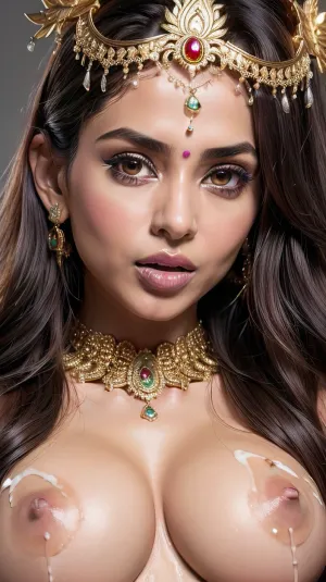 ((((Close up tit fuck)))), ((((cum all over face)))), ((one woman)), ultra realistic, 30 year old indian woman with elegant gold traditional indian facial jewellry and head dress. black satin Bra, bra fuck and cum, small petite slim woman, ((high detailed skin)), ((34c breasts)), 32k uhd, dslr, (highly detailed long flowing wavy hair), highly detailed body, (realistic), insanely detailed, highest quality, horny expression, (looking at viewer:1.2), realcumAI
