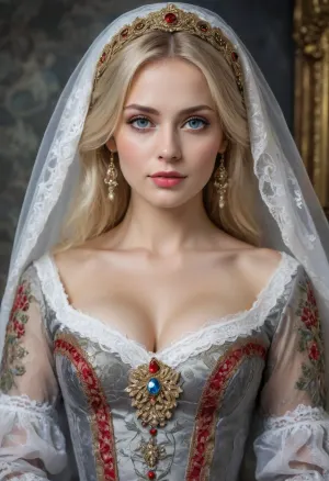 Portrait of a Russian beauty milf, (blonde. gray eyes, medium breasts), in national costume, lace filigree of bright, rich color. Super clear, highly detailed watercolor, glaze technique, plus colored alcohol ink, style of V. Vasnetsov