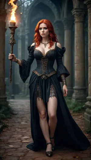 full body, red hair, cleavage, dark fantasy, magic, witch, dark souls