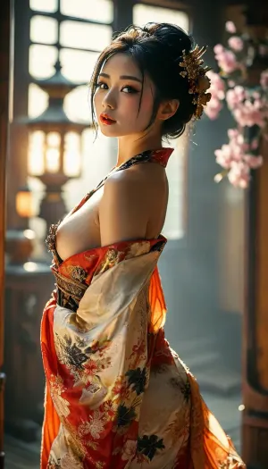 Full body, full view, steampunk, Japanese model, 22 years old, steampunk geisha, false eyelashes, makeup, (very long nipples), ((skinny)), open kimono, steampunk shinto temple, shot from below, good posture, arched back, ((Ultimate realistic photo details)), (((dynamic sexy pose))), (((bright sunlight))), detailxl, large, breasts, big, boobs, huge, tits, <lora:MJ52:.8>, <lora:710302_training_data:.8>, <lora:bombshell_v2:.2>, <lora:RealDownblouseXL2:.4>