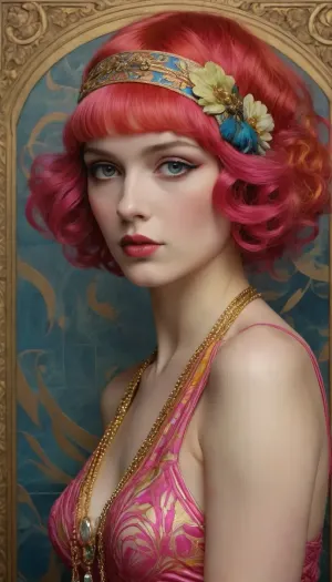 Pop art deco every surface covered in intricate contour lines, highly detailed line work in colored lines in hot pink, blues, golden oranges, lime green engraved illustration by j. c. leyendecker and albrecht durer and gustav klimt with gold gilt highlights, gold leaf, portrait of a beautiful 1920s flapper snow white with her red hair flowy and waving, in the style of full color, intaglio engraving, contouring, hashes, cross hashes, stippling, ultra, photorealism, detail, with intricate fine line work, color in line only, 4, color plates, plus gold gilt, colored lines, fills the entire artboard