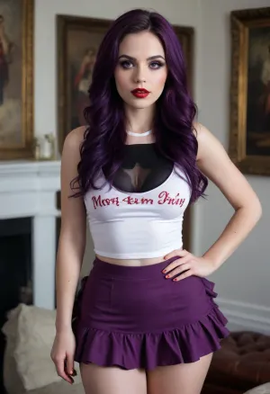 Full body, sorority sister, extremely large breasts, extremely large ass, extremely large hips, extremely thin waist, extreme hourglass figure, top heavy, bottom heavy, front heavy, back heavy, bimbo body, (22 years old), (extremely pale skin), (long wavy dark purple hair), (white tank top with red text “MHØ”), (short ruffled red skirt), (purple lipstick), (purple goth makeup), heavy makeup, inside spooky house