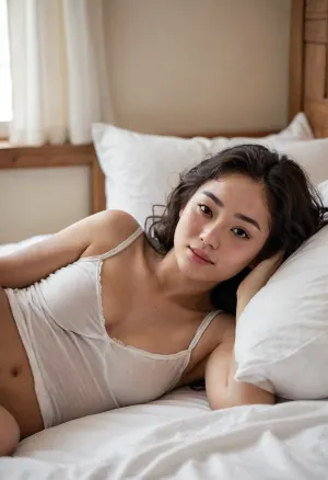 (candid realistic bedroom photo:1.4), (just waking up in the morning:1.4), (soft morning light), (photorealistic dark sweaty skin:1.3), beautiful charming, (Egyptian Korean:1.3), woman, in bed, sleeping on her back, (big black wide-set eyes:1.2), (natural petite figure), (messy curly black hair), (sheer tight white top:1.2), round face, strong jawline, (sleepy smile:1.3), skin, blemish, detailed, <lora:polyhedron_all_sdxl-000004:.8>, clothes