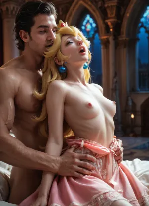 (score_9, score_8_up, score_7_up, UHD 8K, masterpiece, best quality, maximum details, ight time, low lighting, dark night, extreme realism, (cute 19 years old Princess Peach), (palace bedroom), (petite and small body), orgasm, moaning happily, head tilted backwards, (blue eyes), (topless), (wearing a nightgown), having sex, (large and tall muscular man), big penis, (rugged hands), (moaning), (grabbing another's waist), brutally fucking her, hard sex)