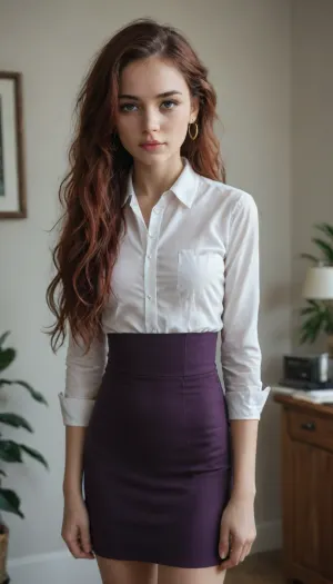 30-year-old woman, skinny frame, very long hair, dark-red hair, perfect skin, small breasts, short. Dressed like Karen Filippelli from The Office. Tight Purple dress shirt and black slacks.