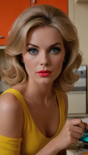 ziprealism, (1960s housewife, naughty housewife, seductive pose:1.6), (intimate analog snapshot esthetic, sharp focus, closeup, focus on eyes:1.8), (ash blonde hair, perfectly styled hair, permed hair:1.6), (livid lipstick:1.2), (kitchen, retro kitchen, bright saturated home decor, brightly colored cabinets, brightly colored kitchen appliances:1.6), (masterpiece, best quality, 8k, RAW photography, award-winning, uncompressed, maximum quality), (professional color grading:1.2), (softly blurred background, soft bokeh), (natural skin texture, realistic skin details, subtle vellus hairs), (maximum clothing detail), (maximum hair detail, natural hair texture), (perfect eyes, maximum eye detail, expressive eyes, realistic eye texture:1.4)