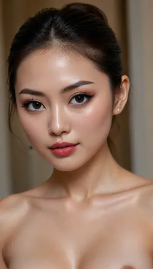 extremely sexy slender 25 year old japanese elegant model with firm round d-cup breasts elegant posing at venice palazzo, naked, strong makeup, perfect eyes, dark eyeshadow, dark eyeliner, discreet bright natural lipstick, ponytail, full body view, good hands, perfect fingers, (vagina), (perfect shaved god pussy), (lewd smirk:1.1), (lewd smirking:1.1), (seductive:1.1), (seductive facial expression:1.1), <lora:EnvyZoomSliderXL01:.1>, <lora:Nude_Lips:.5>