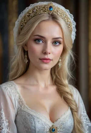 Portrait of a Russian beauty milf, (blonde. gray eyes, medium breasts), in national costume, lace filigree of bright, rich color. Super clear, highly detailed watercolor, glaze technique, plus colored alcohol ink, style of V. Vasnetsov