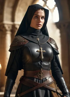 (medieval warrior nun), (armed and armored:1.1), boots, full body, ultra detailed, intricate details, (photorealistic:1.2), 8k, UHD, warm side light, contrast, sharp focus, (masterpiece:1.2), detailed eyes, beautiful eyes, detailed skin, detailed nipples, detailed breasts, realistic breasts, natural body, realistic skin, realistic eyes, action pose, random view angle, <lora:add-detail-xl:.8>, <lora:style_lora_realis:.8>, detailxl