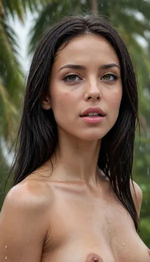 Masterpiece, profile view, beautiful sexy slim 30 year french girl, (medium breasts), skinny, very long black hair, (very tanned), (perfect face), high detail, supermodel, naked, tan lines, (heavy rain storm), palm trees, (windy), rain drops on body, wet hair, wet, green eyes, perfecteyes, heavy rain, <lora:PerfectEyesXL:.8>, <lora:405168_training_data:.8>, <lora:rknArouseXL:2>