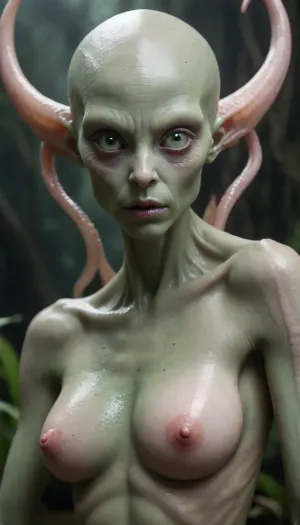 An alien woman, with lizard slit eye lids, golden iris, light pink and grey scaley skin.

No hair, bald, no eyebrows, with xenomorphic body with large alien sagging breasts and very large very pale green nipples.

Crawling though swamp land at night with moon high in the dark sky, She has large thick tenticles as legs and arms