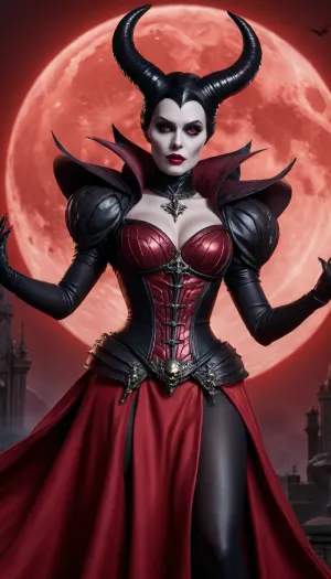 hyper-maximalism, ultra detailed photorealistic scene of the wicked queen from Malificent, ((night with full blood moon background)), (wearing a bkack and red metal paladin armor with skull ornements), (she is casting with her hands dark black magic flammes), (Maleficent huge black horns), (extremely pale skin), (black lipstick), (Disney+), perky tits, huge breast out of armor, cleavage, perfect body, glowing red eyes, Irradiant Landscape, in dynamic, atmosphere of darkness and horror, dramatic light, highly detailed, packed with hidden details, hyper realistic, in the style of wallpaper Medium body shot, colorful realism, realistic attention to detail, UHD, 8K, perfect hands, ultra photorealistic natural skin textures, slight imperfections, final render, vray, MaleficentWaifu, dress, green, skin, <lora:add-detail-xl:.8>