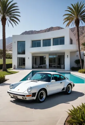 A white Porsche 911 930 TURBO sports car is parked on a paved area next to a swimming pool. The car is positioned slightly to the left of center, in profile view, facing the viewer. The car's dark-colored alloy wheels are a prominent feature. A palm tree is visible behind the car, situated slightly to the right of the car. A modern, minimalist, white house is in the background, with large windows reflecting the clear sky. The sky is a light, clear blue, and the sun is high, casting no harsh shadows. Mountains are in the far background, creating depth. The pool water is a vibrant turquoise color, reflecting the car and sky. The overall style is minimalist and luxurious, with a focus on clean lines and a serene atmosphere. The image has a high-quality aesthetic and a relaxed mood. The setting appears to be a modern, upscale residential area. The perspective is at ground level, looking slightly down at the car from above.