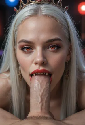 hyper detailed hyper realistic natural petite cutie, 18 years old beautiful vampire queen, (very muscular), nightclub, very detailed face, pale woman with white hair, Vampire Queen sucks penis, close up, red eyes, (((very long vampiric fangs:1.4))), luxurious tiara in the style of dark fantasy, symmetrical epic fantasy art, dark fantasy, purple lights, neon, colorful, high detail, impeccable image quality, ultrarealism, cockbiting, bitingshaft, vampirebiting, 1girl, penis, hetero, 1boy, fellatio, oral, solo, focus, pov, fangs, <lora:bjwithteethv4-10:.4>, <lora:MS_Real_POV_Blowjob:.3>, <lora:fangs:.1>, Dominant angry look