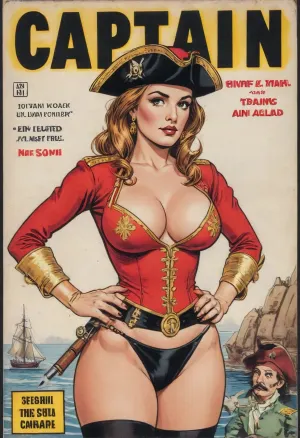 (single drawn woman:1.3), (illustration:1.3), (hand drawn:1.3), (comic book cover:1.3), (TITLE text, "Captain":1.3), (pirat woman "Drake":1.2), vintage 17th century woman 30yo in red justocore with gold braid, a cocked hat And in black panties, antique pistols, saber, a smoking pipe, <lora:iltromba_artwork_style_smm_SDXL_LORA_v07:.5>, <lora:text:1.1>