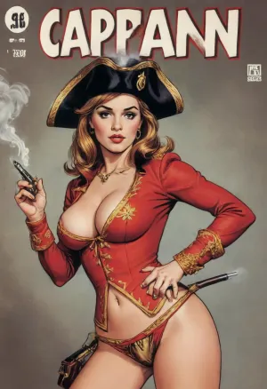 (single drawn woman:1.3), (illustration:1.3), (hand drawn:1.3), (comic book cover:1.3), (TITLE text, "Captain":1.3), (pirat woman "Drake":1.2), vintage 17th century woman 30yo in red justocore with gold braid, a cocked hat And in black panties, antique pistols, saber, a smoking pipe, <lora:iltromba_artwork_style_smm_SDXL_LORA_v07:.5>, <lora:text:1.1>