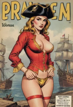 (single drawn woman:1.3), (illustration:1.3), (hand drawn:1.3), (comic book cover:1.3), (TITLE text, "Captain Drake":1.2), (text, "Pirat":1.1), (pirat woman:1.4), vintage 17th century woman 30yo in red justocore with gold braid, a cocked hat And in black panties, <lora:iltromba_artwork_style_smm_SDXL_LORA_v07:.5>, <lora:text:1.1>