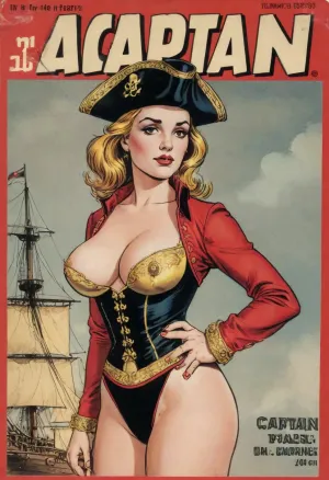 (single drawn woman:1.3), (illustration:1.3), (hand drawn:1.3), (comic book cover:1.3), (TITLE text, "Captain":1.3), (pirat woman "Drake":1.2), vintage 17th century woman 30yo in red justocore with gold braid, a cocked hat And in black panties, <lora:iltromba_artwork_style_smm_SDXL_LORA_v07:.5>, <lora:text:1.1>