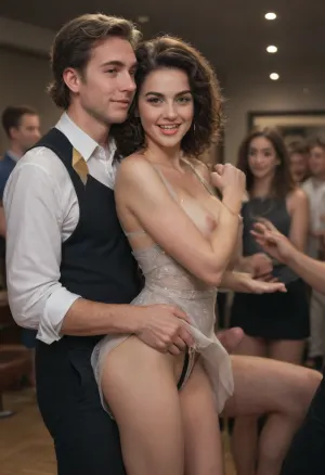 realism, dancing, club, realistic men, dress sheer black, dress up, thong, tits out, men grabbing tits, moderate size fake tits, nice nipples, men griding, thong shown, skirt up, long black curly hair, cum on tits, cum, from behind, show thong, show pussy, happy, loving attention, husband watching, grabbing black cock, domination, submission, chocking, tits through sheer top