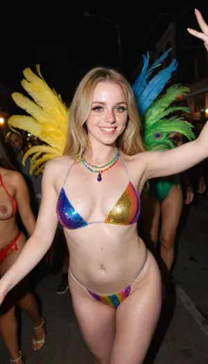Candid photo, ultimate realism, slender photorealistic 21 year old blonde athlete, fun smile, realistic detailed eyes, Walking/dancing in new Orleans at night, surrounded by other women, Mardi-gras parade, wearing colorful sequin feathery costume bikini, rainbow led lights, realistic detailed face, Mardi-gras bead necklaces, realistic detailed skin, freckles skin blemishes, realistic bad dark dim lighting, <lora:xl_more_art-full_v1:.7>