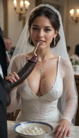 interracial, (((3black skin brute, giant thick black penises))), Persian bide, super busty bride, nice cleavage, sexy wedding dress, (((cumshot on cleavage))), a erotic and dark high-fashion wedding scene of a bride and groom sitting at an elegant head table during their reception, both wearing luxurious and highly detailed wedding dress, black hair, Iranian woman, curvy, — the bride in a glamorous lace gown with pearl embellishments, the groom in a sleek black suit with velvet details. They are smiling sensually while, (((eating thick, glossy white cum with hands from elegant crystal bowls:1.4))), . The table is decorated with white roses, and giant black dick, and glassware. The cum glistens under soft ambient lighting, dripping slightly. Artistic, provocative, and cinematic style.