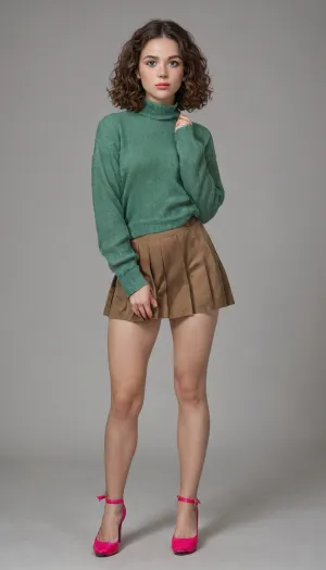 shy 25 year old girl, full body shot, (very embarrassed), (feeling exposed), (extremely high pink plateau high heels), ((thick legs)), (normal upper body), brown wavy hair, curly bobcut, (short dark brown hair:1.1), small breast, flat chest, dark green cashmere pullover, (emerald pullover), (long pullover), (ultra short pink pleated micro skirt:1.2), (pink micro skirt:1.3), (plateau high heels:1.3)