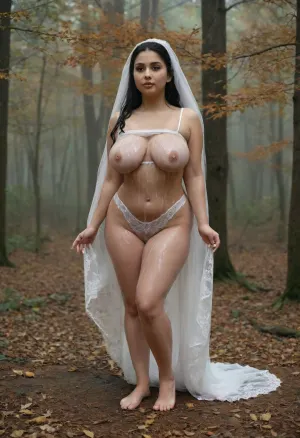 dramatic full-body portrait of a curvy busty Iranian bride .artistic portrait of a bride with black straight hair, wearing delicate white bridal lingerie and a long lace veil, standing barefoot on damp forest floor covered with dry leaves, thick cream-colored slime cascading from her hair onto her shoulders, dense fog surrounding bare twisted branches, cold muted color palette, strong contrast between pure bridal elegance and wild, untamed nature, cinematic natural light








facialized, superfacialized, <lora:detailed_notrigger:1>, <lora:ral-frozenslime-sdxl:1.7>, <lora:facialized:1.7>