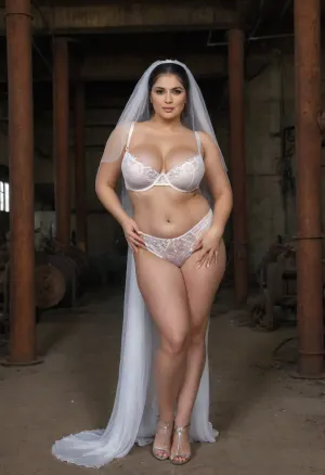 dramatic full-body portrait of a curvy busty Iranian bride .industrial fine art portrait of a bride wearing sheer white bridal lingerie and long veil, standing amid old rusty pipes and machinery

facialized, superfacialized, <lora:facialized:1.5>