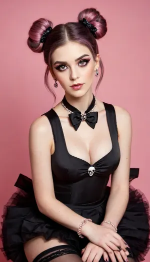1girl, solo, long hair, breasts, looking at viewer, bangs, simple background, black hair, hair ornament, dress, bow, ribbon, bare shoulders, twintails, jewelry, very long hair, upper body, pink hair, short sleeves, multicolored hair, earrings, parted lips, detached sleeves, sleeveless, puffy sleeves, hand up, bowtie, pink eyes, grey background, hair bun, nail polish, black dress, puffy short sleeves, wrist cuffs, double bun, black bow, makeup, sleeveless dress, black background, brooch, gem, pink nails, skull hair ornament, a, woman, in, black, linger, and, stockings, wrapped, straps, harnesses, garters, kaki, body, suit, harness, risque, fashion, <lora:Dusk_XL_Goth_Moon_dadapt_cos_1e-7:.1>, <lora:qingqu_XL_reg0_:2>