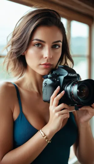 A photographer's muse, looking through the camera lens. She sees the world in a special way, she catches moments that elude others. She is wearing revealing modern clothes that emphasize her individuality. Realism, bright light, contrasting colors, camera, lens, detailed