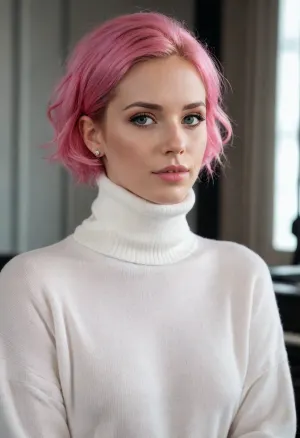 (masterpiece, best quality:1.2), 1 czech 30yo woman, famous singer Tereza Maskova, (she wears a white baggy turtleneck sweater and jeans:1.4), indoors in a recording studio, (short wavy pink hair:1.2), bright blue eyes, piercing in nose, earrings, she is standing at a studio microphone
and sings intensely and concentratedly, she wears an earphone, photorealism, <lora:681678_training_data:.5>